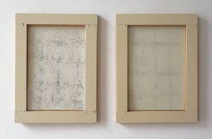 Charl van Ark, ''Wand'' en ''Vloer'', 1996, twee wandobjecten met carbontekeningen

[met afdruk wand en vloer van atelier], inkt, papier, hout, verf, glas, nietjes;

elk 0.40 x 0.29 m.
PHŒBUS•Rotterdam