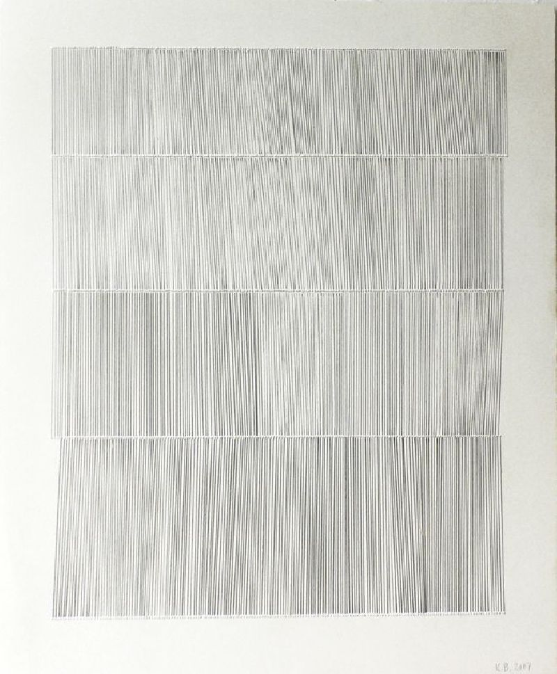 Kostana Banovic, z.t. 2007, met potlood betekend, geperforeerd papier, 40 x 33.5 cm. (uit zesdelige serie, met 1, 2, 3, 4, 8 en veel rijen perforaties en potloodstrepen - hier 4 rijen)
PHŒBUS•Rotterdam