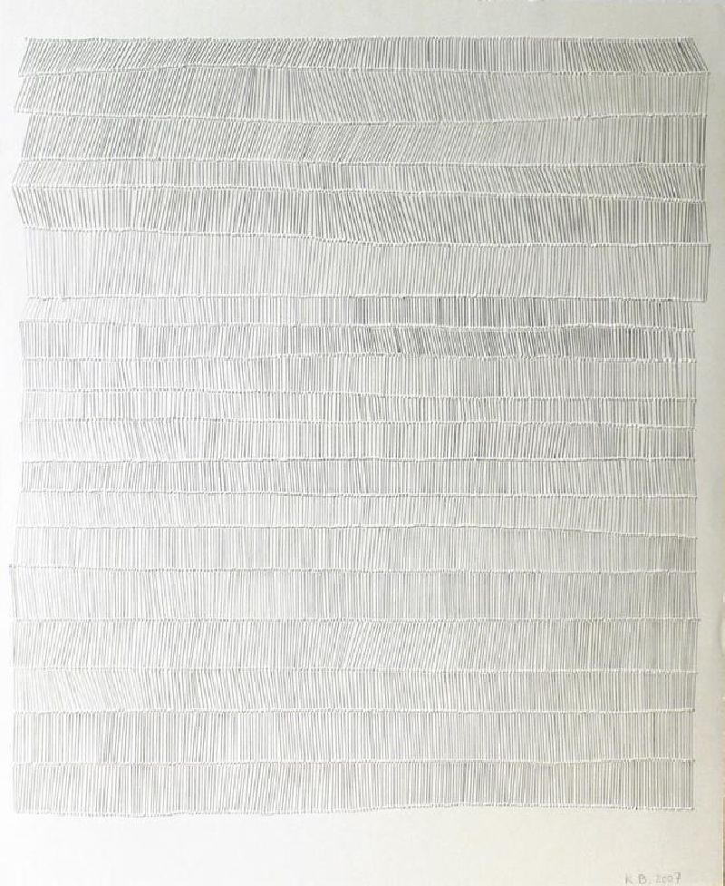 Kostana Banovic, z.t. 2007, met potlood betekend, geperforeerd papier, 40 x 33.5 cm.

(uit zesdelige serie, met verschillende rijen perforaties en potloodstrepen - hier veel rijen)
PHŒBUS•Rotterdam