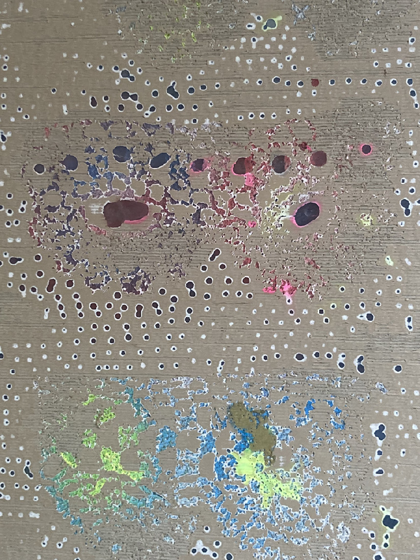 Dominique De Beir, ''Planche dentelle'', 2021 [fluo],

carton, peinture acrylique, encre, 'impacts' [hamerslagen, bioptie e.a. perforaties],

gebaseerd op foto's van kantmodellen die op school voor onderricht worden gebruikt

(uniek werk), 1.60 x 1.20 m. detail.
PHŒBUS•Rotterdam
