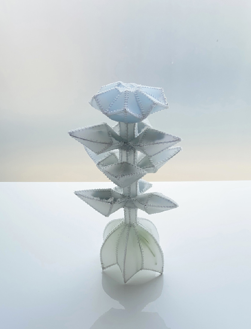 Esther Bruggink, Delphinium Belladona in quarantaine, 2020,

o.a. polyestefilm, borduurzijde, messingdraad, 22 x 12 x 12 cm.
PHŒBUS•Rotterdam