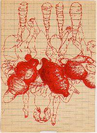 Bea Emsbach, tekeningen van haar afstudeerproject 1994, rode inkt / A5 papier. (trechtersbenen) UNICUM
PHŒBUS•Rotterdam