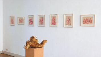Bea Emsbach, detail expositie ''Tarnhaut'', 2009,

rode inkttekeningen en werk in buxusblad
PHŒBUS•Rotterdam