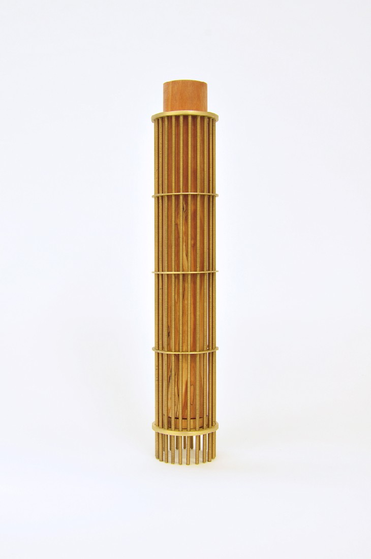 Juliette Warmenhoven, “Memory Collector” (rond) (4). Genummerd en gesigneerd:  ‘Juliette Warmenhoven 2018 #1/5’. Messing plaatmateriaal, 23x draadeind messing m2 met houten opberg koker. Hout met kleuring en tekening door paddestoelen groei. 170x34x34 mm.
PHŒBUS•Rotterdam